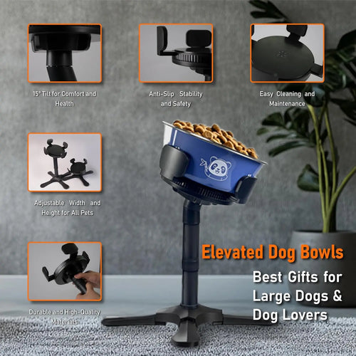 Adjustable Elevated Dog Bowl Stand with Non-Slip Base 3 Height Tilt Settings 14-24.5cm Bowls Stainless Steel Dish for Dogs Cats